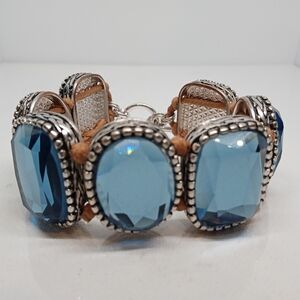 7.5" Chunky Faceted Blue Topaz 7 Sones 3 Oval 3 Square Bracelet Leather Strap